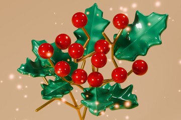 Cozy 3D Snowy Holly Branch with Glossy Berries
