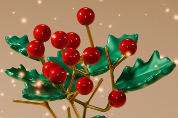 Cozy 3D Snowy Holly Branch with Glossy Berries