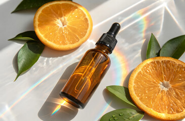 Serum product in orange toned bottle standing on glass surface, oranges cut in half decoration. holographic refraction light effect. long morning shadows