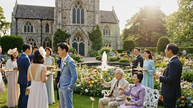 Joyful outdoor gathering celebrating special occasion with guests and refreshments