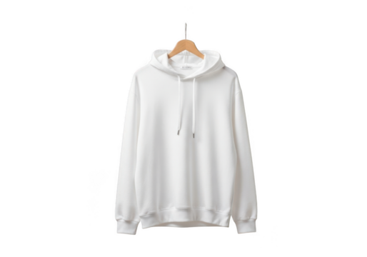 Plain white cotton hoodie sweatshirt hanging on a wooden hanger, isolated on transparent background for fashion catalog or ecommerce display