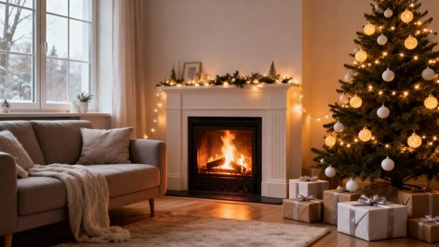 fireplace with christmas gifts, Warm cozy living room decorated for Christmas, glowing fireplace, soft fairy lights, Christmas tree