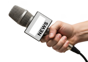 Hand holding a professional news microphone with a blank white flag for branding, isolated on transparent background