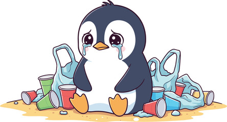 Cute crying penguin surrounded by plastic waste and pollution on beach, environmental awareness illustration highlighting ocean pollution and wildlife protection message