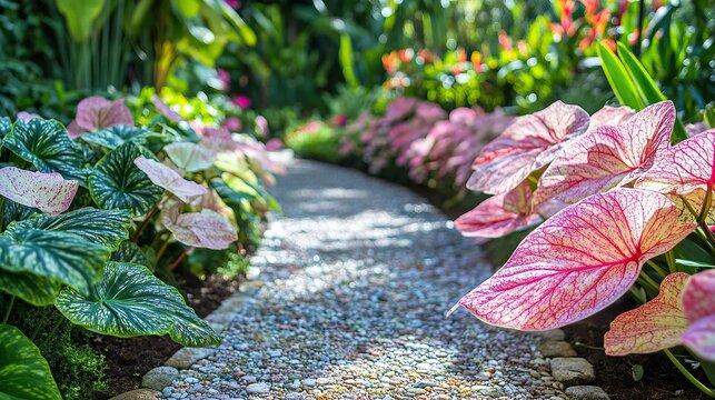 A garden pathway lined with pastel caladium leaves