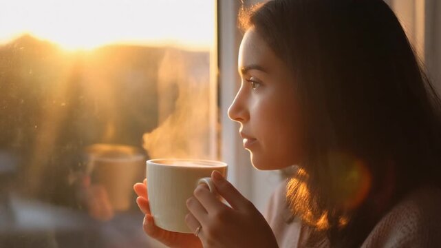 Una persona sostiene un caf&eacute; cremoso y humeante mientras observa un bonito atardecer a trav&eacute;s de una ventana. La luz c&aacute;lida del sol crea un ambiente tranquilo y acogedor.