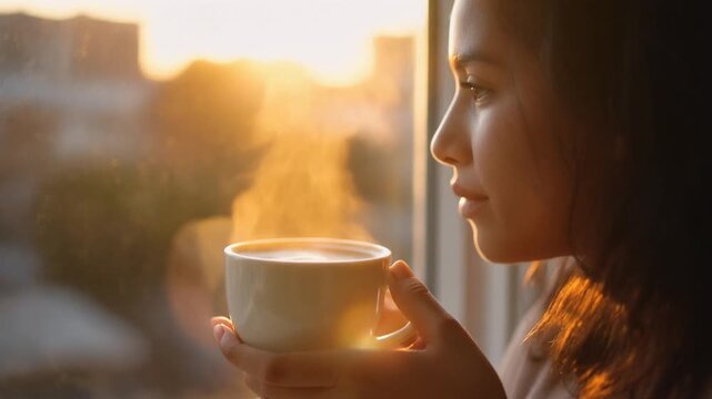 Una persona sostiene un caf&eacute; cremoso y humeante mientras observa un bonito atardecer a trav&eacute;s de una ventana. La luz c&aacute;lida del sol crea un ambiente tranquilo y acogedor.
