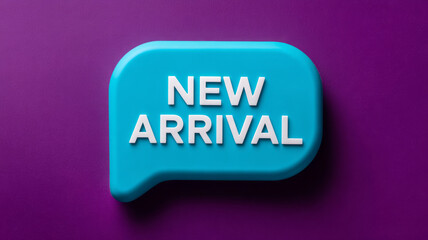 Blue speech bubble with 'New Arrival' on a purple background.
