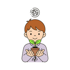 Cheerful child holding a small potted plant with two leaves and a globe symbolizing environmental awareness