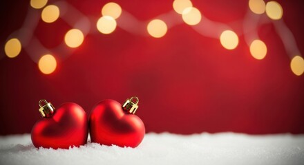 Red heart ornaments on snow with festive bokeh lights