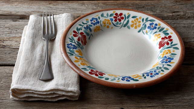 Rustic ceramic plate with floral design on wooden table. - Powered by Adobe