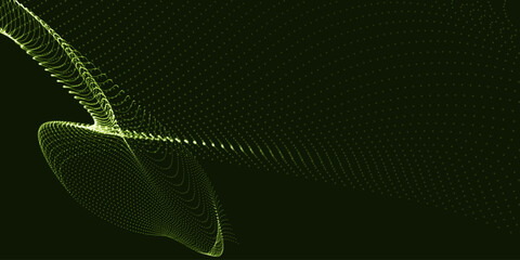 Futuristic dot wave. Abstract digital particle wave. Technology background. Colored musical wave. Dark background. Digital background with smooth, wavy curves. 3D vector illustration