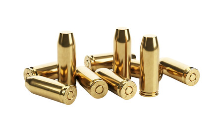 A collection of shiny golden bullets scattered on a dark surface in a studio shot background transparent 