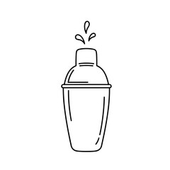 Minimalist line art of a simple cocktail shaker with a splash above it symbolizing International Bartender Day