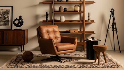 Interior with leather armchair and wooden furniture shelving rug patterned vases tripod home decor design living room modern style