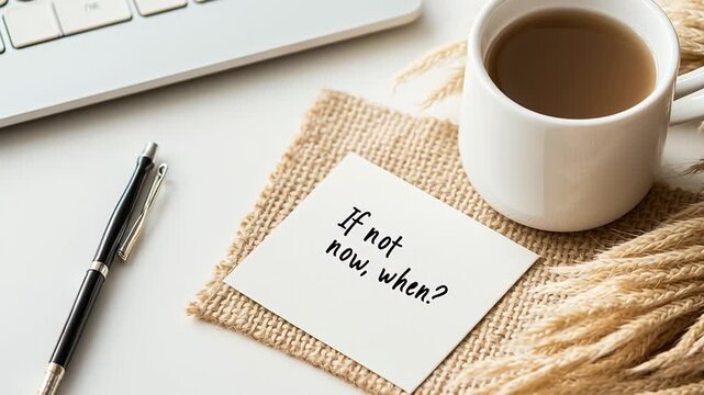Motivational message on a sticky note placed beside a laptop and a steaming cup of tea. The quote prompts the reader to act now and not procrastinate