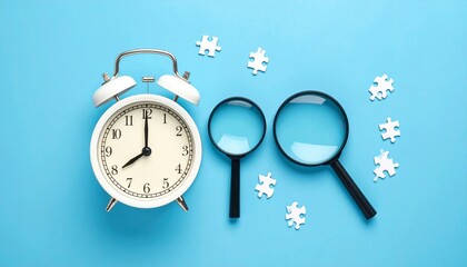 Fototapeta premium Time Management, Problem Solving, and Investigation Concept Alarm Clock, Puzzles, and Magnifying Glass
