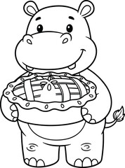 Cute cartoon hippopotamus holding pie, black and white flat vector illustration for kids, coloring book, food, animal character