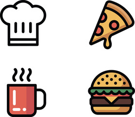 Food and cooking icons set in colorful flat vector illustration, chef hat, pizza slice, hot coffee mug, burger meal for restaurants