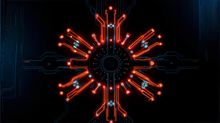 Close-up image of a circuit board displaying a vibrant glow. Microchip core in snowflake shape on blue background. Information Technology greeting card. Happy new year and merry Christmas.