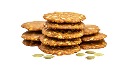 Stacked oatmeal cookies with pumpkin seeds isolated on a transparent background
