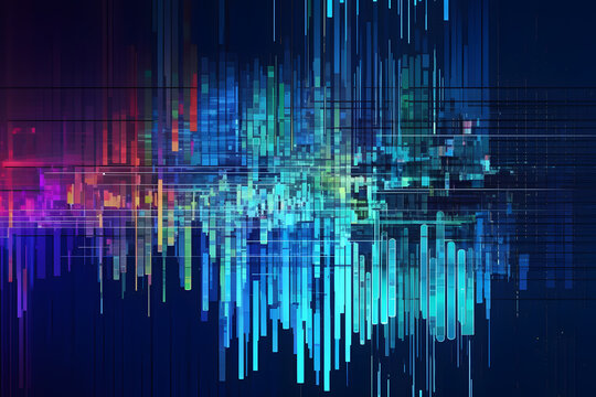 Abstract digital sound waveform with vibrant neon colors and reflections