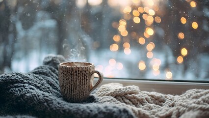 Cozy winter vibes with a hot drink and a soft blanket