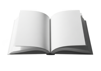 Open blank book with empty white pages ready for text or design, isolated on transparent background