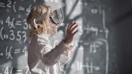 Intelligent little student wearing a VR headset, interacting with a virtual environment. A blackboard with math formulas in the background - Powered by Adobe