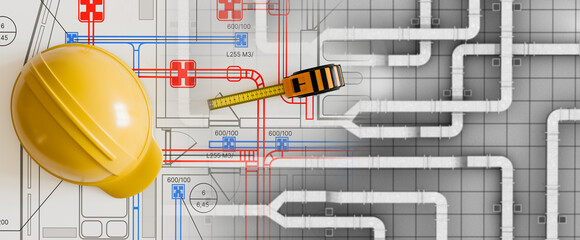 Engineering pipeline design includes analyzing technical schematics with measuring tools, planning routing of utility lines and verifying layout accuracy for installation work.