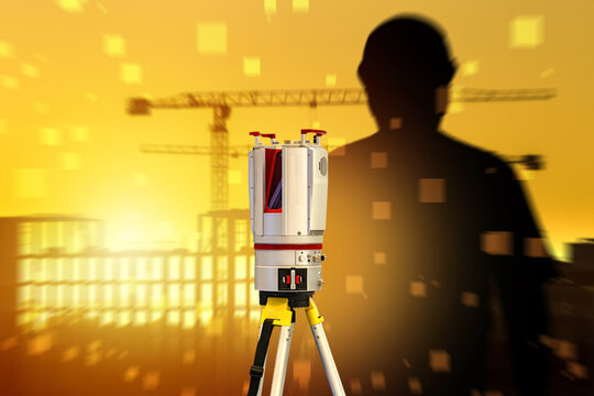 Geodetic surveying uses a laser scanner on a tripod to capture construction site measurements, supporting mapping, structural planning and precise spatial data collection.