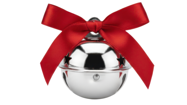 Festive Bell Adorned with Ribbon: A shiny bell with star-shaped cutouts, a symbol of joy and celebration, is elegantly adorned with a striking red ribbon, capturing the festive spirit and cheer.