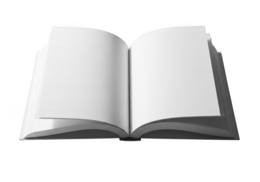 Open blank book with empty white pages ready for text or design, isolated on transparent background