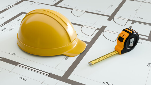 Building layout assessment uses floor plans with a hardhat and tape measure, preparing dimensional checks and verifying architectural specifications before construction work begins.