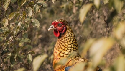 Golden pheasant amidst foliage, a vibrant bird portrait in nature.