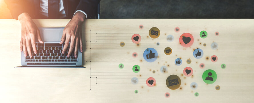 Concept of digital marketing and online communication. A network of user engagement is shown through social media feedback notifications which helps build a strong community. Fermion