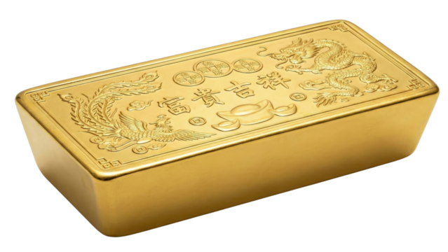 Golden Ingot's Symbolism: A glistening gold ingot, exquisitely embossed with symbolic designs, rests gracefully, exuding an aura of wealth, prosperity, and enduring value.