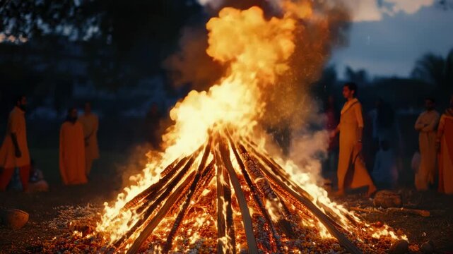 Group of people gathered around an outdoor bonfire, engaging in a traditional ceremony or celebration, possibly religious or cultural.