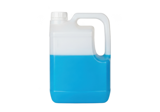 Plastic container with blue liquid, likely windshield washer fluid or antifreeze, isolated on transparent background