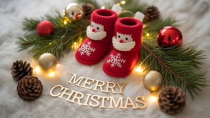 Festive Christmas baby booties surrounded by ornaments and pine branches perfect for holiday announcements and seasonal greetings