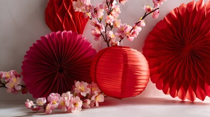 Festive Chinese New Year still life celebrates prosperity with lanterns blossoms and joyful red paper fans
