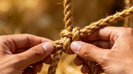 Hands tying thick twine with focus on craftsmanship and skill in a natural setting