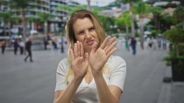 Woman gesturing stop on a bustling city street with modern buildings and people, capturing an assertive moment highlighting urban life and youth energy