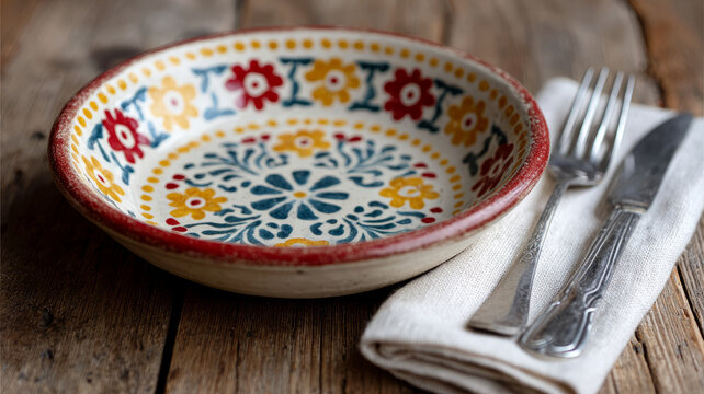 Colorful ceramic plate and cutlery on rustic wooden table. - Powered by Adobe