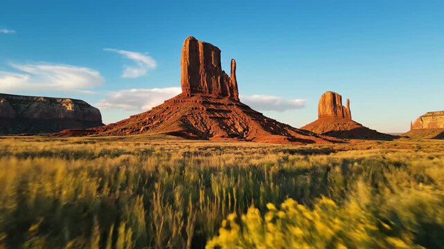 Vast desert landscape with monumental rock formations under a clear sky