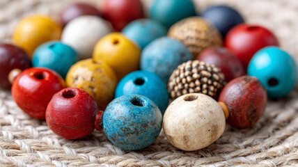 Colorful wooden beads on textured fabric surface.