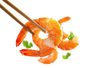 A dynamic action composition featuring floating chopsticks picking up a vibrant shrim 
