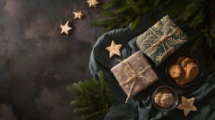 Festive Christmas still life evokes warmth cozy gifts cookies stars evergreen branches holiday season ambiance