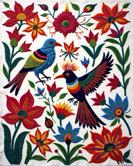 Fototapeta premium Traditional Mexican Folk Embroidery in Rainbow Colors. Otomi Style Design with Exotic Animals and Floral Patterns Hand-Stitched on Fabric.