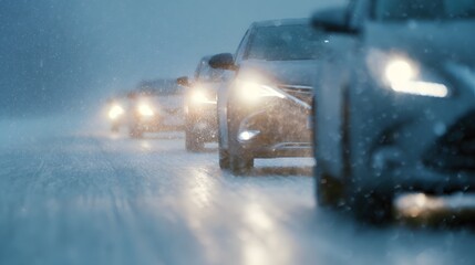 Winter journey modern cars drive along an icy road snow falling softly cinematic scene